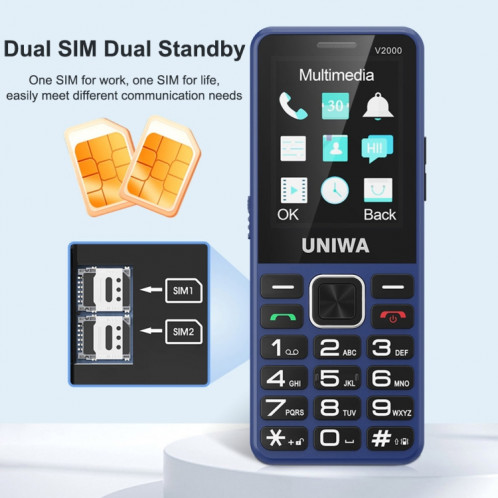 Téléphone à clavier pour personnes âgées UNIWA V2000, Unisoc T107 de 2,4 pouces, batterie de 1700 mAh, lampe de poche LED, SOS, réseau : 4G, prise AU (bleu) SU554L1618-013