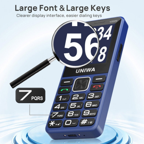 Téléphone à clavier pour personnes âgées UNIWA V2000, Unisoc T107 de 2,4 pouces, batterie de 1700 mAh, lampe de poche LED, SOS, réseau : 4G, prise AU (bleu) SU554L1618-013