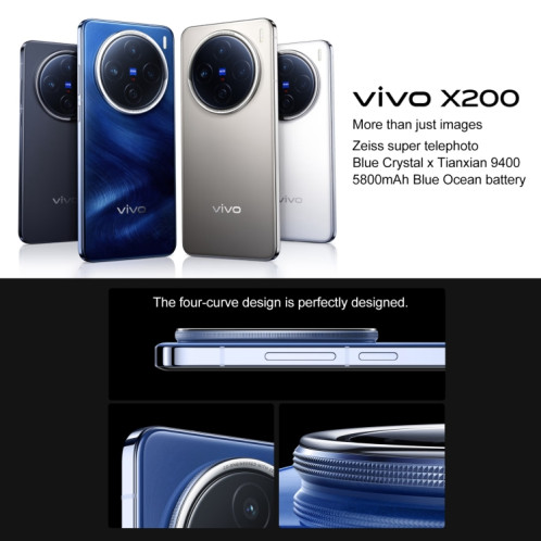 vivo X200, 16 Go + 512 Go, Face ID / Identification par empreinte digitale à l'écran, 6,67 pouces Android 15 Dimensity 9400 Octa Core, OTG, NFC, Réseau : 5G, Prise en charge de Google Play (bleu saphir) SV03BB1411-010