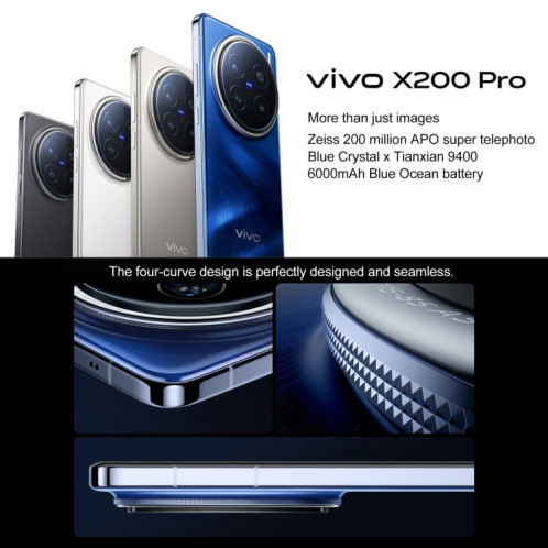 vivo X200 Pro, 16 Go + 1 To, Face ID / Identification par empreinte digitale à l'écran, 6,78 pouces Android 15 Dimensity 9400 Octa Core, OTG, NFC, Réseau : 5G, Prise en charge de Google Play (Blanc) SV805W644-011