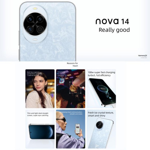 Huawei Nova 14, 12 Go + 256 Go, reconnaissance d'empreintes digitales latérale, écran 6,7 pouces, HarmonyOS 5.0, NFC, OTG, non compatible avec Google Play (noir) SH904B482-015