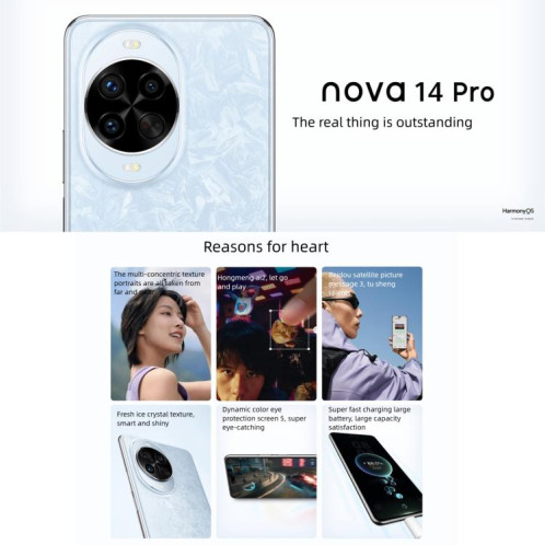 Huawei Nova 14 Pro, 12 Go + 256 Go, reconnaissance d'empreintes digitales latérale, écran 6,78 pouces, HarmonyOS 5.0, NFC, OTG, non compatible avec Google Play (bleu) SH907L243-022