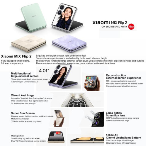 Xiaomi MIX Flip 2, 16 Go + 1 To, 6,86 pouces + 4,01 pouces, Xiaomi HyperOS 2, Snapdragon 8 Elite Octa Core, NFC, réseau 5G (blanc) SX407W1014-025