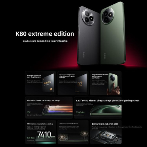 Xiaomi Redmi K80 Ultra, 16 Go + 512 Go, 6,83 pouces, Xiaomi HyperOS 2 Dimensity 9400+ Octa Core, NFC, réseau 5G (vert) SX419G701-018