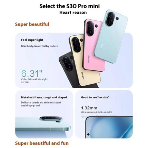 Vivo S30 Pro mini, 12 Go + 512 Go, écran 6,31 pouces, Android 15 Dimensity 9300+ Octa Core, OTG, NFC, réseau 5G, compatible Google Play (bleu) SV424L523-029