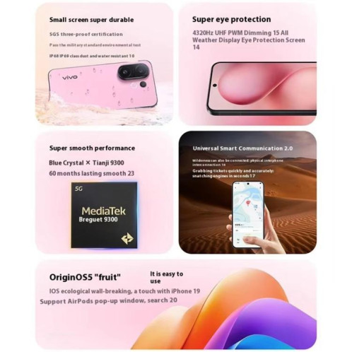 Vivo S30 Pro mini, 12 Go + 512 Go, écran 6,31 pouces, Android 15 Dimensity 9300+ Octa Core, OTG, NFC, réseau 5G, compatible Google Play (rose) SV424F1229-029