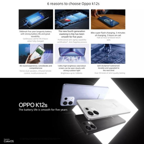 OPPO K12s 5G, 12 Go + 256 Go, écran 6,67 pouces, lecteur d'empreintes digitales, Snapdragon 6 Gen 4 Octa Core, NFC, réseau 5G (noir) SO436B736-022
