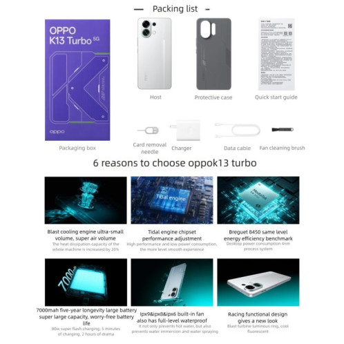 OPPO K13 Turbo, 12 Go + 256 Go, écran 6,8 pouces, lecteur d'empreintes digitales, ColorOS 15.0, MediaTek Dimensity 8450 Octa Core, NFC, réseau 5G (violet) SO438P377-022