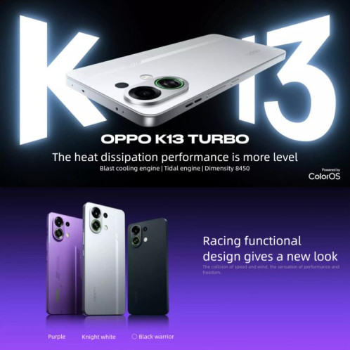 OPPO K13 Turbo, 12 Go + 256 Go, écran 6,8 pouces, lecteur d'empreintes digitales, ColorOS 15.0, MediaTek Dimensity 8450 Octa Core, NFC, réseau 5G (blanc) SO438W1907-022