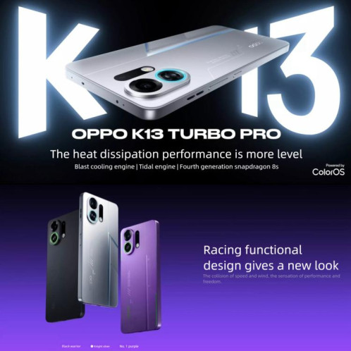 OPPO K13 Turbo Pro 5G, 12 Go + 256 Go, écran 6,8 pouces, lecteur d'empreintes digitales, ColorOS 15.0, Snapdragon 8s Gen 4 Octa Core, NFC, OTG, réseau 5G (violet) SO441P1945-023