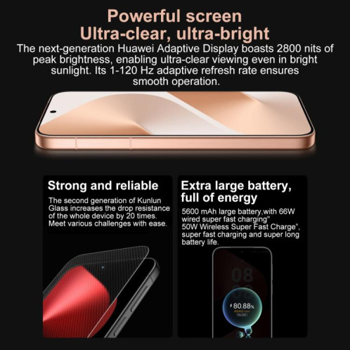 HUAWEI Pura 80, 12 Go + 1 To, identification par empreinte digitale latérale, écran 6,6 pouces, HarmonyOS 5.1, NFC, OTG, non compatible avec Google Play (Or) SH445J225-018