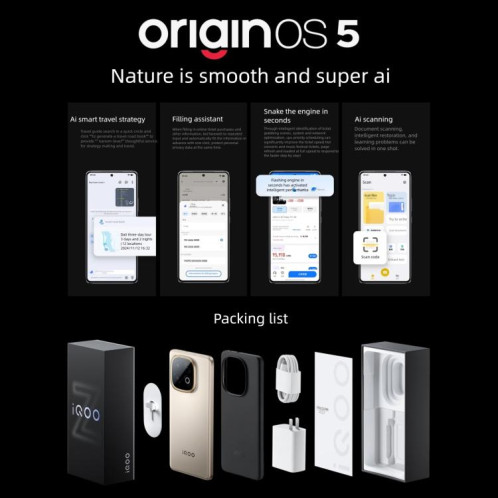 Vivo iQOO Z10 Turbo+, 16 Go + 256 Go, écran 6,78 pouces, Android 15, OriginOS 5, Dimensity 9400+, Octa Core, OTG, NFC, réseau 5G, compatible Google Play (Gold) SV455J569-016