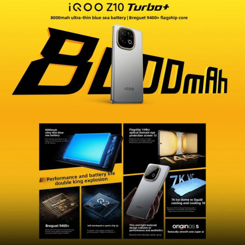 Vivo iQOO Z10 Turbo+, 16 Go + 256 Go, écran 6,78 pouces, Android 15, OriginOS 5, Dimensity 9400+, Octa Core, OTG, NFC, réseau 5G, compatible Google Play (Gold) SV455J569-016