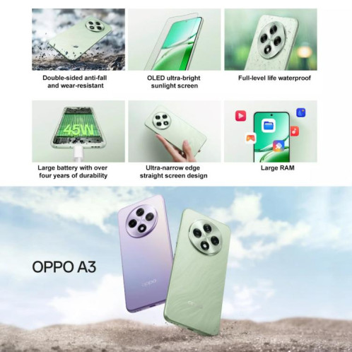 OPPO A3, 12 Go + 256 Go, écran empreinte digitale, 6,7 pouces ColorOS 14.0 Qualcomm Snapdragon 695 5G Octa Core, OTG, réseau : 5G (violet) SO812P66-014