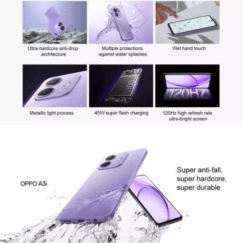 OPPO A3i 5G, 8 Go + 128 Go, lecteur d'empreintes digitales latéral, 6,67 pouces ColorOS 14.0 Dimensity 6300 Octa Core, réseau : 5G (violet) SO814P831-010