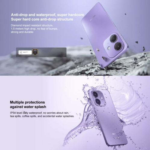 OPPO A3i 5G, 8 Go + 128 Go, lecteur d'empreintes digitales latéral, 6,67 pouces ColorOS 14.0 Dimensity 6300 Octa Core, réseau : 5G (violet) SO814P831-010