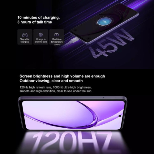 OPPO A3i 5G, 8 Go + 128 Go, lecteur d'empreintes digitales latéral, 6,67 pouces ColorOS 14.0 Dimensity 6300 Octa Core, réseau : 5G (violet) SO814P831-010