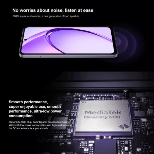 OPPO A3i 5G, 8 Go + 256 Go, lecteur d'empreintes digitales latéral, 6,67 pouces ColorOS 14.0 Dimensity 6300 Octa Core, réseau : 5G (violet) SO815P438-010
