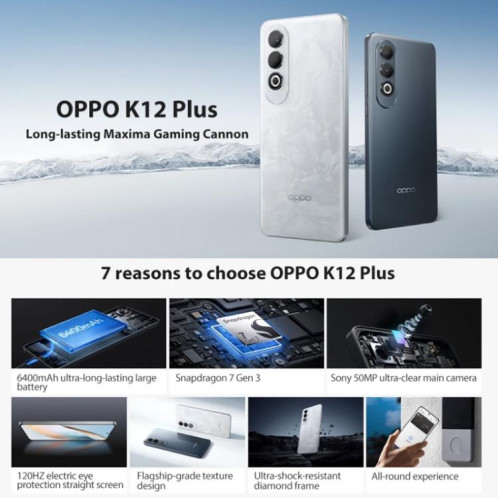 OPPO K12 Plus, 12 Go + 256 Go, écran empreinte digitale, 6,7 pouces ColorOS 14.0 Qualcomm Snapdragon 7 Gen 3 Octa Core, OTG, NFC, réseau : 5G (noir) SO823B1147-017