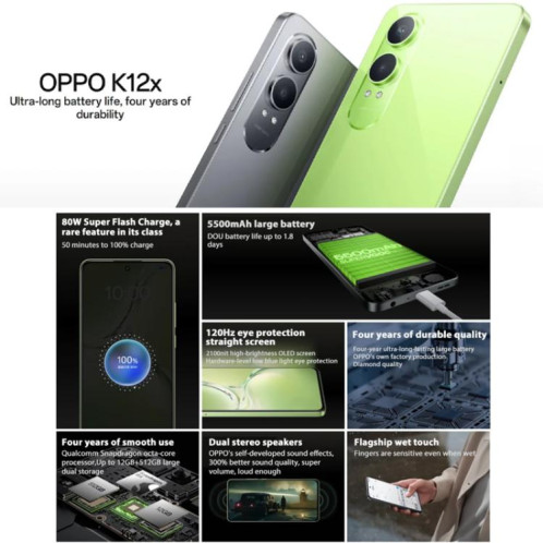 OPPO K12x 5G, 8 Go + 256 Go, écran empreinte digitale, 6,67 pouces ColorOS 14.0 Qualcomm Snapdragon 695 5G Octa Core, OTG, réseau : 5G (vert) SO826G839-015