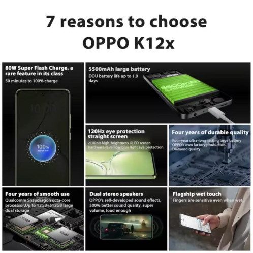 OPPO K12x 5G, 12 Go + 512 Go, écran empreinte digitale, 6,67 pouces ColorOS 14.0 Qualcomm Snapdragon 695 5G Octa Core, OTG, réseau : 5G (vert) SO828G38-015