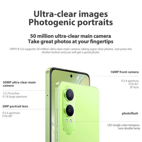 OPPO K12x 5G, 12 Go + 512 Go, écran empreinte digitale, 6,67 pouces ColorOS 14.0 Qualcomm Snapdragon 695 5G Octa Core, OTG, réseau : 5G (vert) SO828G38-015