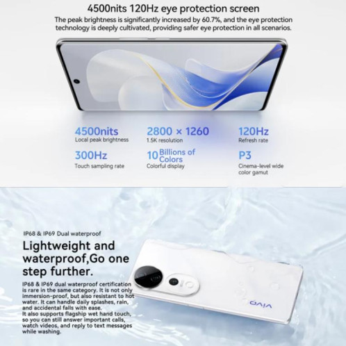 vivo S19 Pro, 12 Go + 256 Go, Face ID / Identification par empreinte digitale à l'écran, 6,78 pouces Android 14 Dimensity 9200+ Octa Core, OTG, NFC, Réseau : 5G (Blanc) SV835W312-011