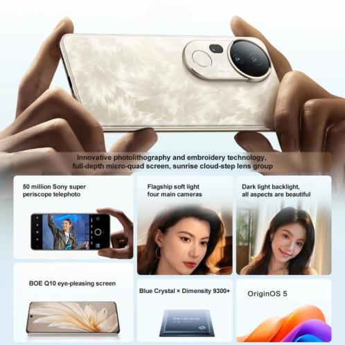 vivo S20 Pro, 12 Go + 512 Go, Face ID / Identification par empreinte digitale à l'écran, 6,67 pouces Android 15 Dimensity 9300+ Octa Core, OTG, NFC, Réseau : 5G (Or) SV844J1264-016