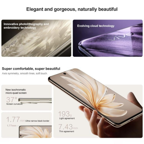 vivo S20 Pro, 12 Go + 512 Go, Face ID / Identification par empreinte digitale à l'écran, 6,67 pouces Android 15 Dimensity 9300+ Octa Core, OTG, NFC, Réseau : 5G (Or) SV844J1264-016