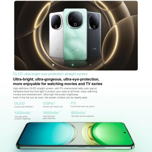 vivo Y300, 8 Go + 256 Go, Face ID / Identification par empreinte digitale à l'écran, 6,77 pouces Android 15 OriginOS 5 Dimensity 6300 Octa Core, OTG, Réseau : 5G (Cyan) SV47QC888-010