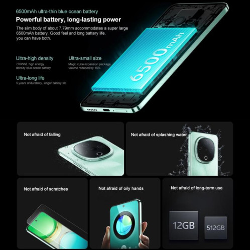 vivo Y300, 8 Go + 256 Go, Face ID / Identification par empreinte digitale à l'écran, 6,77 pouces Android 15 OriginOS 5 Dimensity 6300 Octa Core, OTG, Réseau : 5G (Cyan) SV47QC888-010