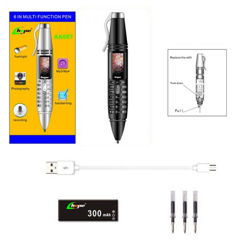 AK007 téléphone mobile, stylo enregistreur à clip arrière multifonctionnel avec réduction de bruit à distance avec écran couleur de 0,96 pouce, double carte SIM double veille, prise en charge Bluetooth, GSM, SH993B1352-015