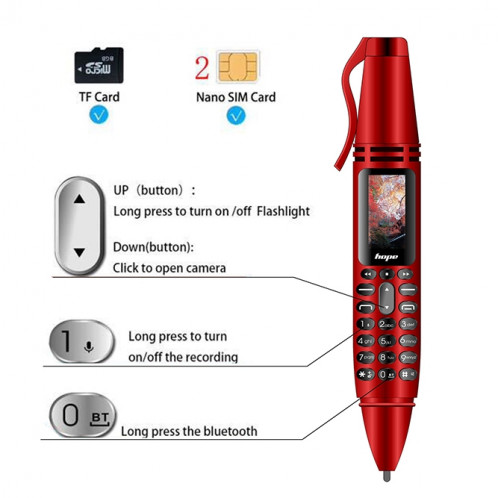 AK007 téléphone mobile, stylo enregistreur à clip arrière multifonctionnel avec réduction de bruit à distance avec écran couleur de 0,96 pouce, double carte SIM double veille, prise en charge Bluetooth, GSM, SH993R1945-015