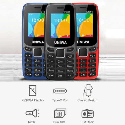 UNIWA E1805, 1,77 pouces, SC6531E, 21 touches, prise en charge Bluetooth, torche, FM, MP3, MP4, GSM, double SIM (bleu) SU478L84-011