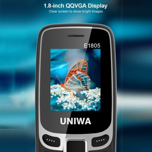 UNIWA E1805, 1,77 pouces, SC6531E, 21 touches, prise en charge Bluetooth, torche, FM, MP3, MP4, GSM, double SIM (noir) SU478B219-011