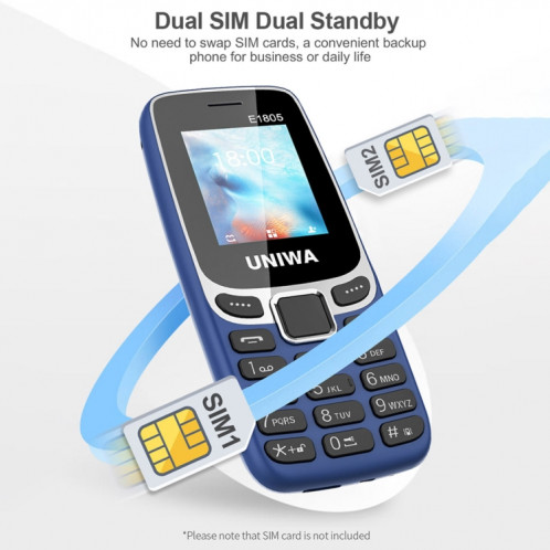 UNIWA E1805, 1,77 pouces, SC6531E, 21 touches, prise en charge Bluetooth, torche, FM, MP3, MP4, GSM, double SIM (bleu) SU478L84-011