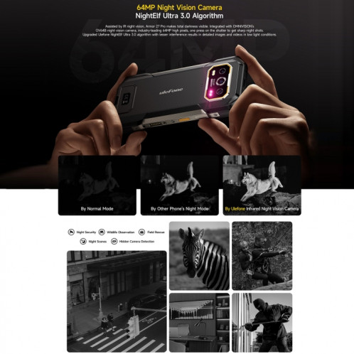  Téléphone robuste Ulefone Armor 27 Pro, 12 Go + 256 Go, vision nocturne, 10 600 mAh, 6,78 pouces Android 14 MediaTek Dimensity 6300 Octa Core, réseau : 5G, NFC (noir) SU547B219-019