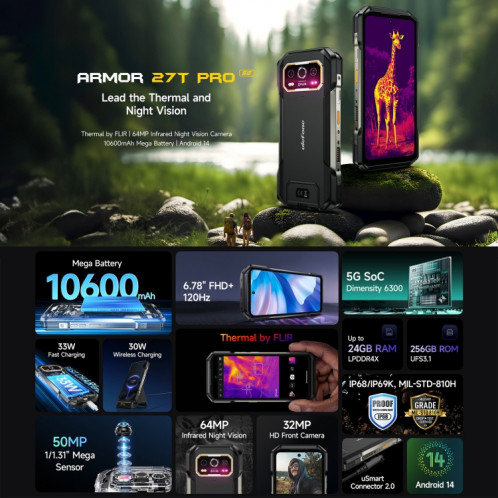  Téléphone robuste Ulefone Armor 27T Pro, imagerie thermique, 12 Go + 256 Go, vision nocturne, 10600 mAh, 6,78 pouces Android 14 MediaTek Dimensity 6300 Octa Core, réseau : 5G, NFC (noir) SH548B1182-018