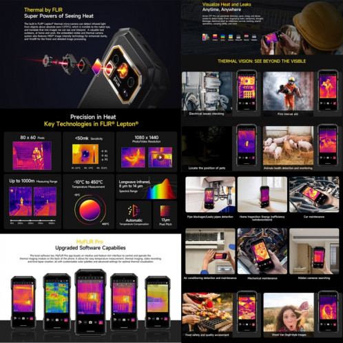  Téléphone robuste Ulefone Armor 27T Pro, imagerie thermique, 12 Go + 256 Go, vision nocturne, 10600 mAh, 6,78 pouces Android 14 MediaTek Dimensity 6300 Octa Core, réseau : 5G, NFC (noir) SH548B1182-018