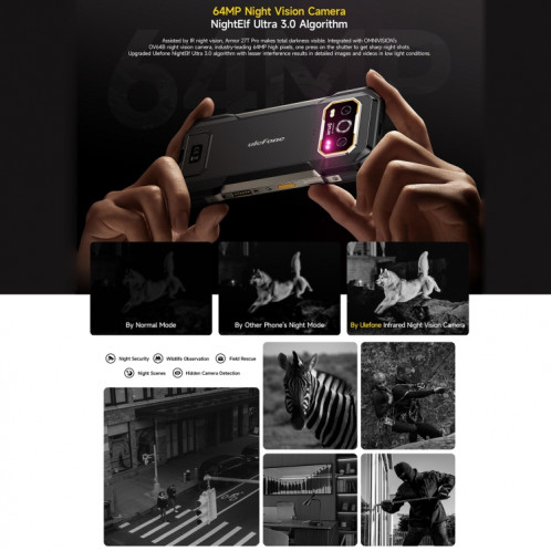  Téléphone robuste Ulefone Armor 27T Pro, imagerie thermique, 12 Go + 256 Go, vision nocturne, 10600 mAh, 6,78 pouces Android 14 MediaTek Dimensity 6300 Octa Core, réseau : 5G, NFC (noir) SH548B1182-018