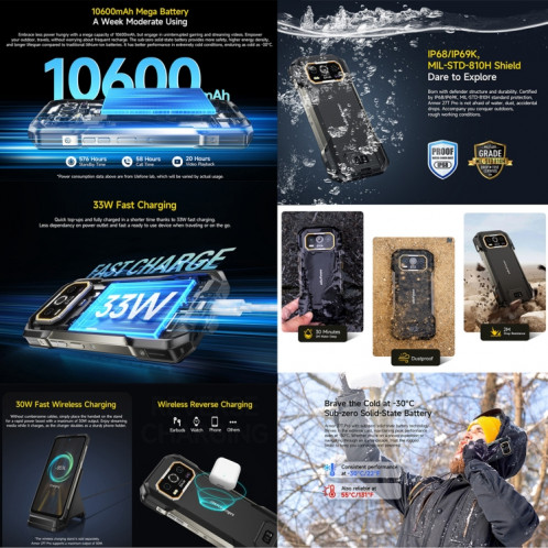  Téléphone robuste Ulefone Armor 27T Pro, imagerie thermique, 12 Go + 256 Go, vision nocturne, 10600 mAh, 6,78 pouces Android 14 MediaTek Dimensity 6300 Octa Core, réseau : 5G, NFC (noir) SH548B1182-018