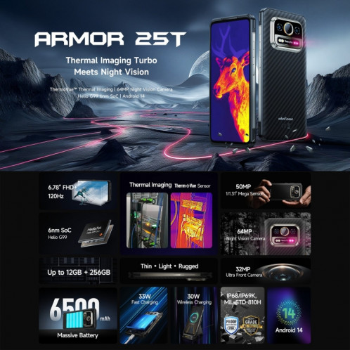  Téléphone robuste Ulefone Armor 25T, 6 Go + 256 Go, imagerie thermique, 6,78 pouces Android 14 MediaTek Helio G99 Octa Core, réseau : 4G, NFC, OTG (noir) SU584B592-013