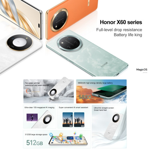 Honor X60, 8 Go + 256 Go, lecteur d'empreintes digitales latéral, 6,8 pouces MagicOS 8.0 Dimensity 7025-Ultra Octa Core, réseau : 5G, OTG, prise en charge de Google Play (blanc) SH811W1561-08