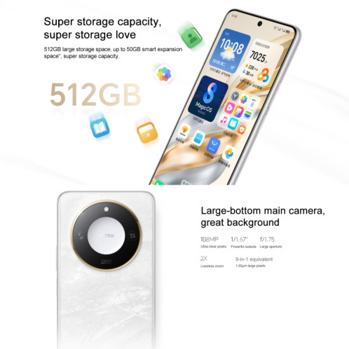 Honor X60, 8 Go + 256 Go, lecteur d'empreintes digitales latéral, 6,8 pouces MagicOS 8.0 Dimensity 7025-Ultra Octa Core, réseau : 5G, OTG, prise en charge de Google Play (blanc) SH811W1561-08