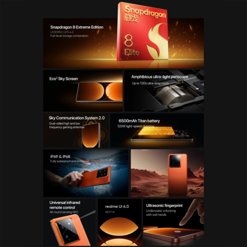Realme GT7 Pro, 12 Go + 512 Go, 6,78 pouces Android 15 / Realme UI 6.0 Snapdragon 8 Elite Octa Core, NFC, Réseau : 5G, Prise en charge de Google Play (Mars Orange) SR841E1862-025