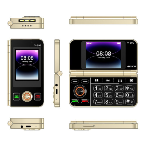SOYES V-899, 32 Mo + 64 Mo, écran 2,4 pouces + 2,8 pouces, processeur MTK6261D, BT 3.0, réseau : 2G, double SIM (or) SS860J537-06