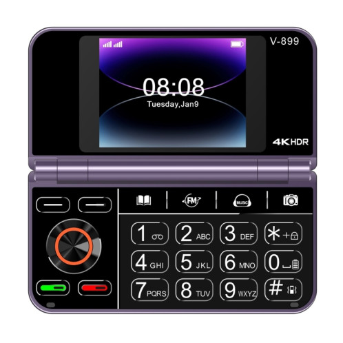 SOYES V-899, 32 Mo + 64 Mo, écran 2,4 pouces + 2,8 pouces, processeur MTK6261D, BT 3.0, réseau : 2G, double SIM (violet) SS860P1061-06