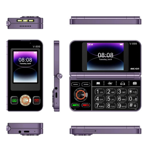 SOYES V-899, 32 Mo + 64 Mo, écran 2,4 pouces + 2,8 pouces, processeur MTK6261D, BT 3.0, réseau : 2G, double SIM (violet) SS860P1061-06