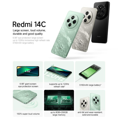 Xiaomi Redmi 14C, 4 Go + 64 Go, 6,67 pouces Xiaomi HyperOS MediaTek Helio G81-Ultra Octa Core, Réseau : 4G (Vert) SX980G1303-013