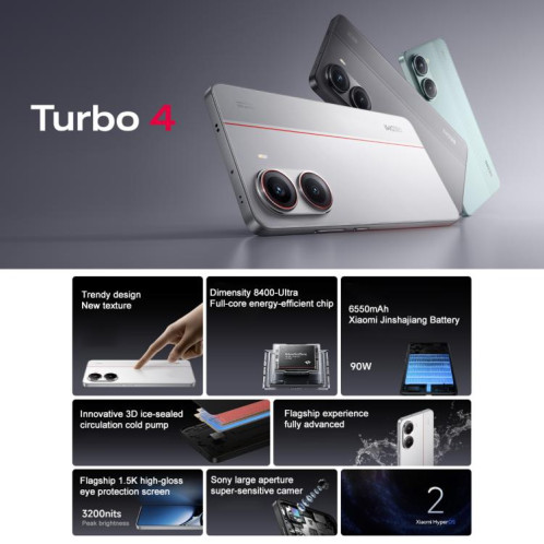 Xiaomi REDMI Turbo 4, 12 Go + 256 Go, 6,67 pouces Xiaomi HyperOS 2 Dimensity 8400-Ultra Octa Core 3,0 GHz, NFC, Réseau : 5G (Noir) SX990B1119-015